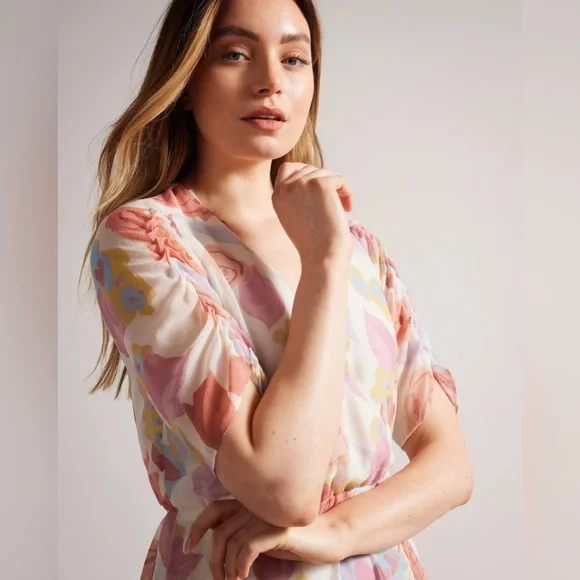 Ted Baker Juleah Ruched Sleeve Detail Mini Dress Natural NWT - Picture 2 of 13